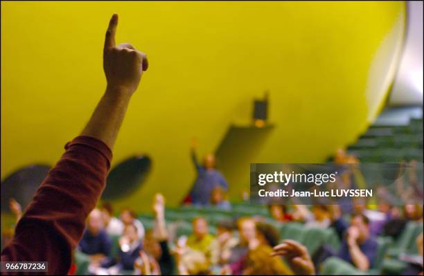 Workers from schools of the Seine St Denis department gather for a General Assembly at the Bourse du Travail in Bobigny.