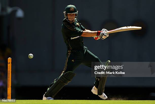 Tim Paine of Australia cuts during the Fourth One Day International match between Australia and the West Indies at The Gabba on February 14, 2010 in...