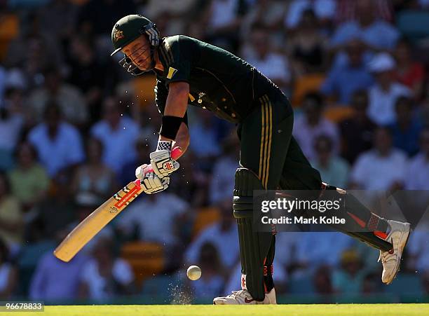 Cameron White of Australia plays a ball to the leg side during the Fourth One Day International match between Australia and the West Indies at The...