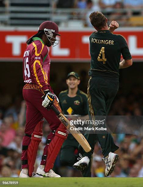 Doug Bollinger of Australia celebrates taking the wicket of Chris Gayle of the West Indies during the Fourth One Day International match between...