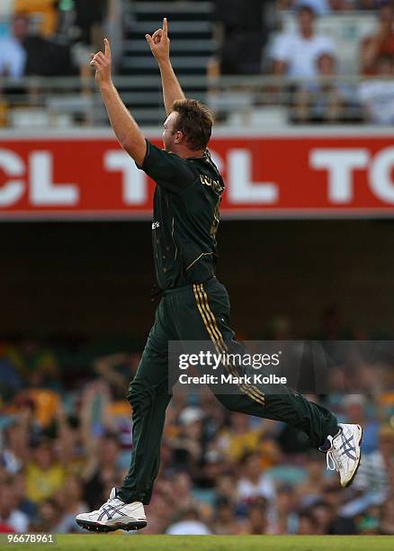 Doug Bollinger of Australia celebrates taking the wicket of Chris Gayle of the West Indies during the Fourth One Day International match between...