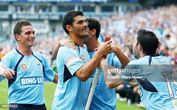 John Aloisi of Sydney celebrates his goal with team mates during the round 27 A-League match between Sydney FC and the Melbourne Victory at Sydney...