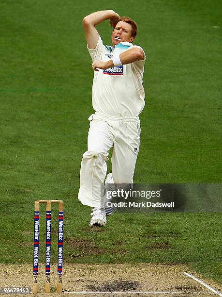 Dominic Thornley of the Blues bowls during day three of the Sheffield Shield match between the Victorian Bushrangers and the Queensland Bulls at...