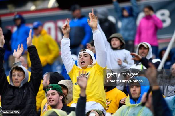 Merrimack College takes on Saint Leo University during the Division II Men's Lacrosse Championship held at Gillette Stadium on May 27, 2018 in...
