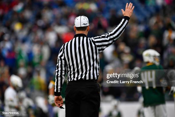 Merrimack College takes on Saint Leo University during the Division II Men's Lacrosse Championship held at Gillette Stadium on May 27, 2018 in...