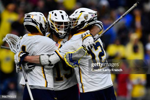 Merrimack College takes on Saint Leo University during the Division II Men's Lacrosse Championship held at Gillette Stadium on May 27, 2018 in...