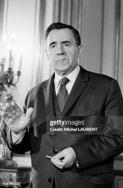 Le ministre soviétique des Affaires étrangères Andreï Gromyko lors d'une conférence de presse à l'ambassade d'URSS le 16 février 1974 à Paris, France.