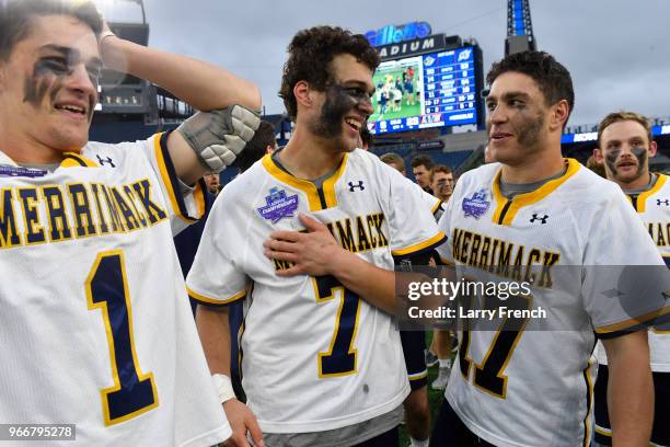 Merrimack College celebrates their victory over Saint Leo University during the Division II Men's Lacrosse Championship held at Gillette Stadium on...