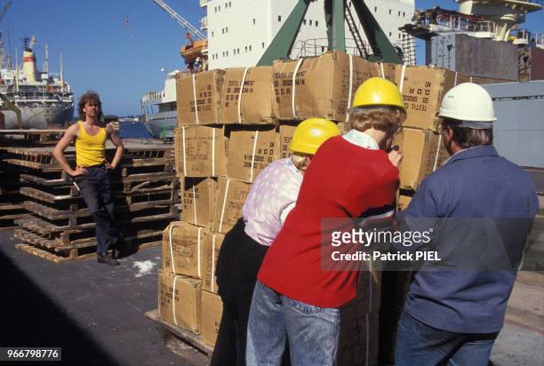Contrôle de marchandise sur le port de Rostock le 23 août 1990 Allemagne.