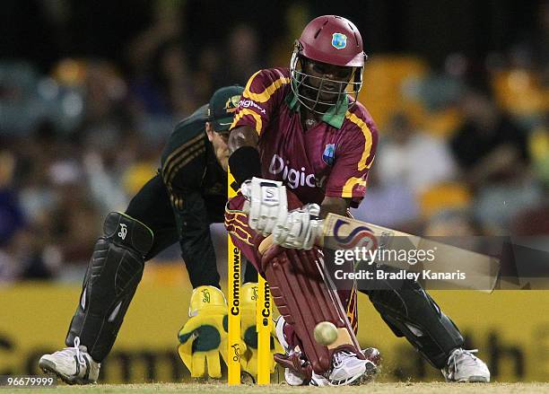 Narsingh Deonarine of the West Indies plays a sweep shot during the Fourth One Day International match between Australia and the West Indies at The...