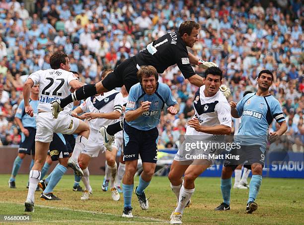 Sydney goalkeeper Clint Bolton clears the ball during the round 27 A-League match between Sydney FC and the Melbourne Victory at Sydney Football...