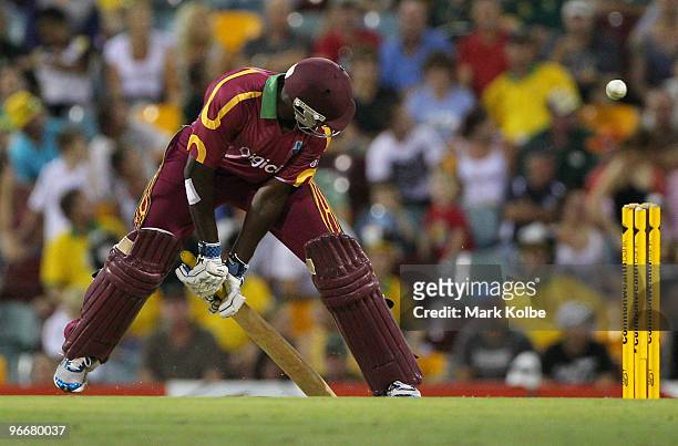 Wavell Hinds of the West Indies digs out a yorker during the Fourth One Day International match between Australia and the West Indies at The Gabba on...