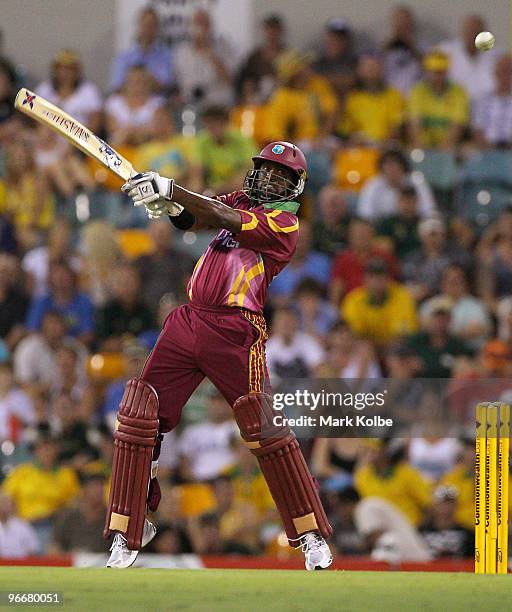 Narsingh Deonarine of the West Indies hits out during the Fourth One Day International match between Australia and the West Indies at The Gabba on...