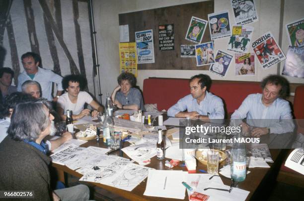 François Cavanna et l'équipe de 'Hara-Kiri' le 21 juillet 1981 à Paris, France.