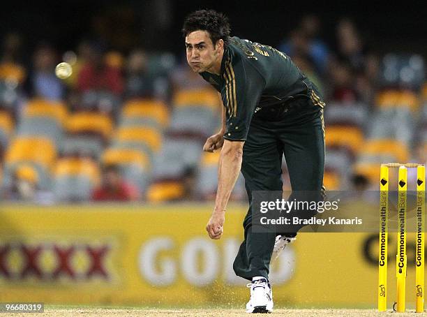 Mitchell Johnson of Australia bowls during the Fourth One Day International match between Australia and the West Indies at The Gabba on February 14,...