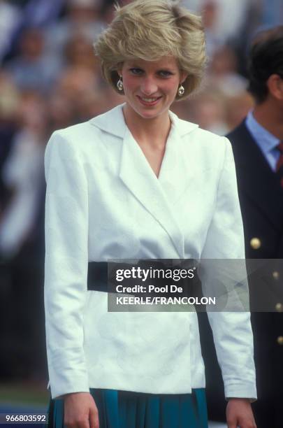 Diana lors du trophée de Polo Cartier le 27 juillet 1986 à Windsor, Royaume-Uni.