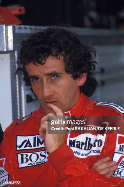 Alain Prost lors du Grand Prix de Formule 1 de Silverstone le 21 juillet 1985, Royaume-Uni.