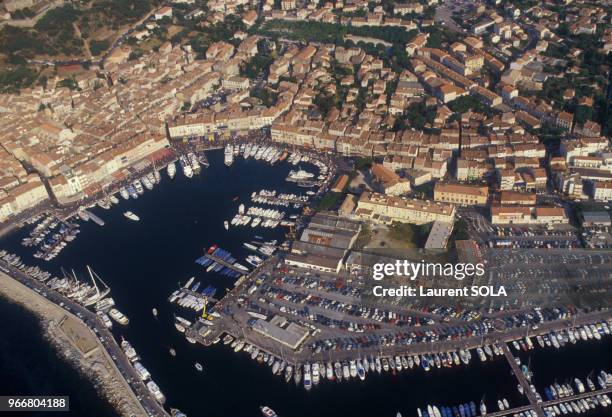 Vue aérienne d'un port de plaisance et de villas de la Côte d'Azur le 24 juillet 1985, France.