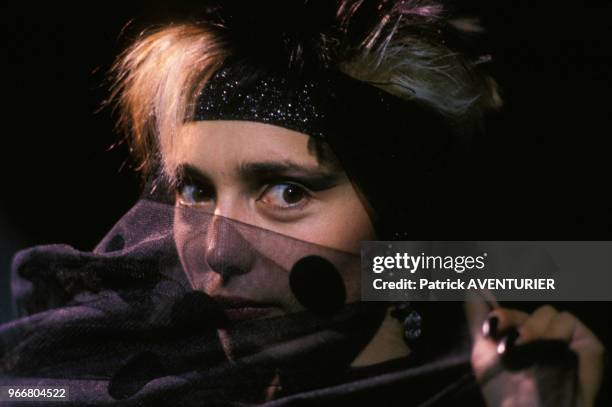 La chanteuse Jeanne Mas à l'Olympia le 17 octobre 1985 à Paris, France.