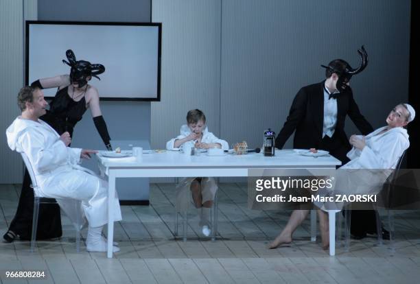 Wolfgang Newerla , Magdalena Anna Hofmann , Rui Dos Santos and Ivi Karnezi in Von Heute Auf Morgen, by Arnold Schoenberg a one-act opera, sung in...