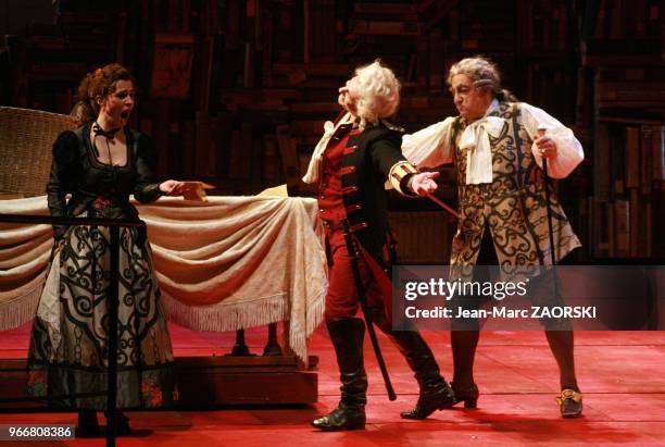 Maite Beaumont , Dmitry Korchak and Alessandro Corbelli during The Barber Of Seville, an opera buffa in two acts by Gioachino Rossini directed by...