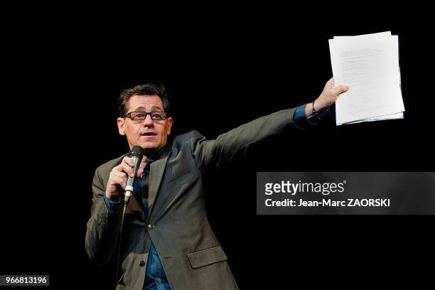 Olivier Py, dramaturge, comedien, realisateur et metteur en scene français, directeur du Festival d'Avignon, au cours de la conference de presse de...