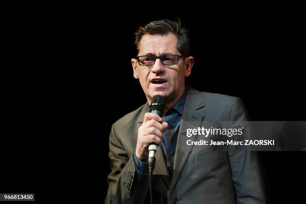 Olivier Py, dramaturge, comedien, realisateur et metteur en scene français, directeur du Festival d'Avignon, au cours de la conference de presse de...