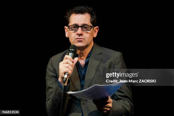 Olivier Py, dramaturge, comedien, realisateur et metteur en scene français, directeur du Festival d'Avignon, au cours de la conference de presse de...