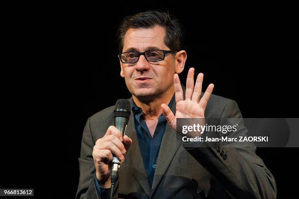 Olivier Py, dramaturge, comedien, realisateur et metteur en scene français, directeur du Festival d'Avignon, au cours de la conference de presse de...