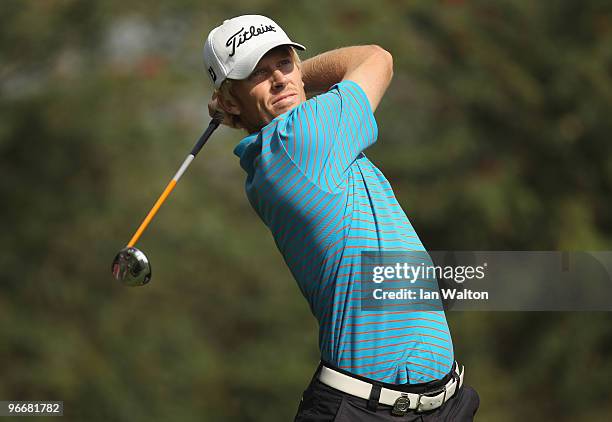 Andrew Dodt of Australia in action during the Final Round of the Avantha Masters held at The DLF Golf and Country Club on February 14, 2010 in New...