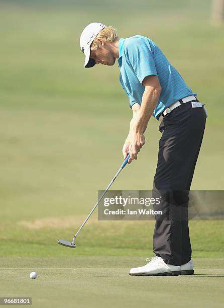 Andrew Dodt of Australia in action during the Final Round of the Avantha Masters held at The DLF Golf and Country Club on February 14, 2010 in New...