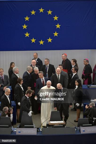 Le pape François a fait un discours devant le Parlement Européen le 25 novembre 2014 à Strasbourg, France. A son arrivée il fut accueilli par Martin...