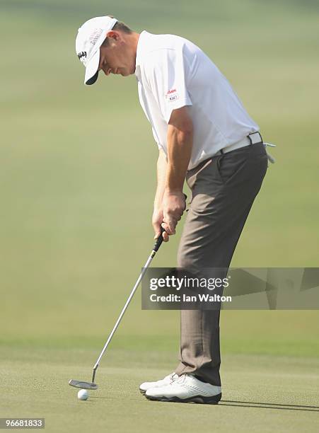 David Drysdale of Scotland in action during the Final Round of the Avantha Masters held at The DLF Golf and Country Club on February 14, 2010 in New...