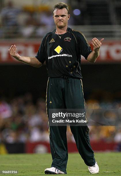 Doug Bollinger of Australia gestures to the crowd during the Fourth One Day International match between Australia and the West Indies at The Gabba on...