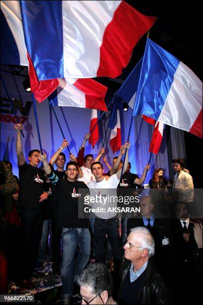 Jean-Marie Le Pen, President of the FN, holds a presidential campaign meeting in Toulouse Baudis congress hall. Meanwhile Police officers challenge...