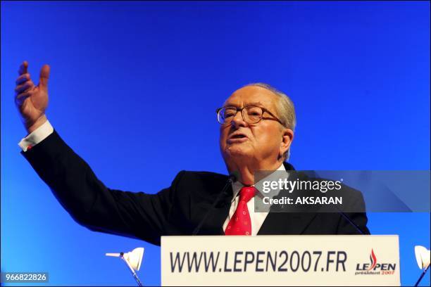 Jean-Marie Le Pen, President of the FN, holds a presidential campaign meeting in Toulouse Baudis congress hall. Meanwhile Police officers challenge...