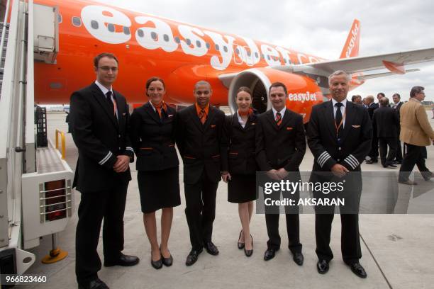 EasyJet low-cost airline received its 200th Airbus, yesterday, may 26, 2011 in Toulouse delivery center. An EasyJet crew : with captain Peter West...