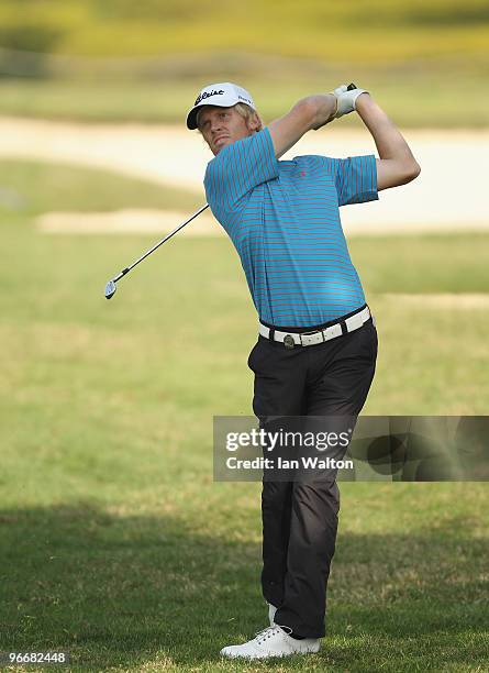 Andrew Dodt of Australia in action during the Final Round of the Avantha Masters held at The DLF Golf and Country Club on February 14, 2010 in New...