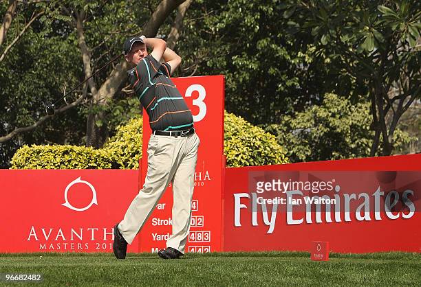 Richard Finch of England in action during the Final Round of the Avantha Masters held at The DLF Golf and Country Club on February 14, 2010 in New...