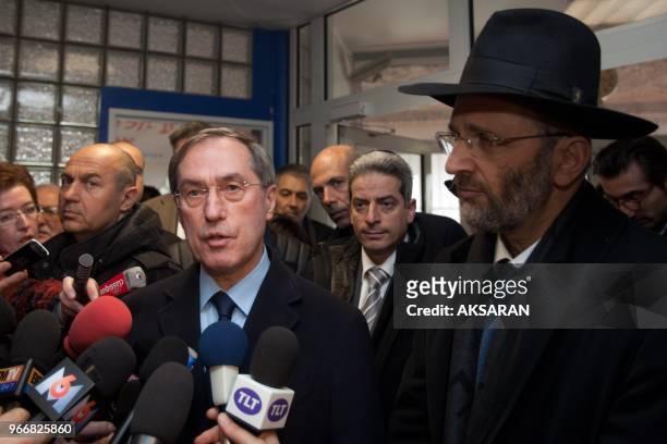 Claude Gueant french minister of interior and gilles Bernheim, chief rabbi of France in Orza Hattorah jewish college in Toulouse on monday march 19,...