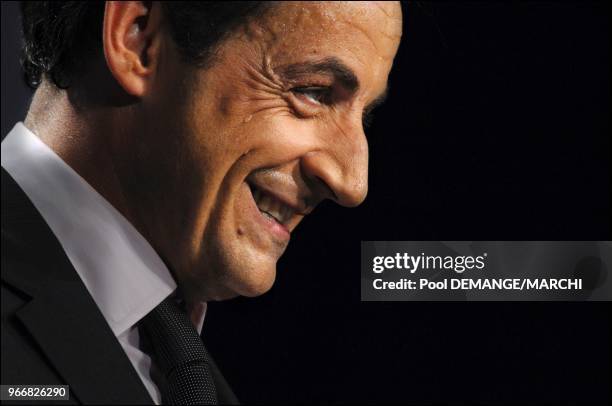 French right-wing presidential candidate of the ruling party Union for a Popular Movement Nicolas Sarkozy delivers a speech during an electoral...