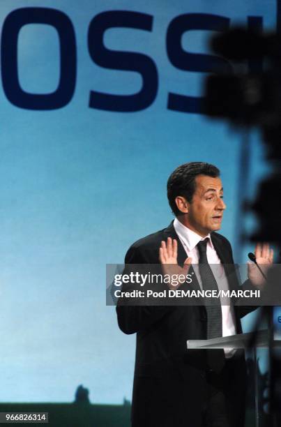 French right-wing presidential candidate of the ruling party Union for a Popular Movement Nicolas Sarkozy delivers a speech during an electoral...