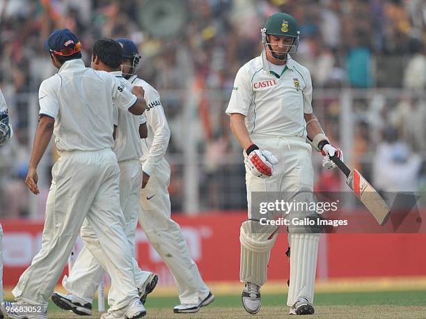 Dale Steyn of South Africa waks off after being dismissed for 5 runs during day one of the Second Test match between India and South Africa at Eden...