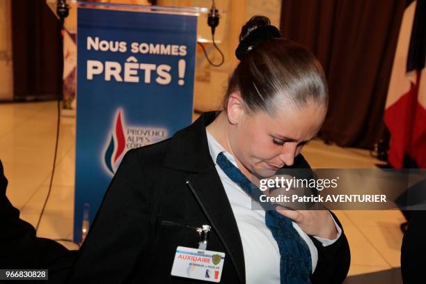 Membre du DPS, service de sécurité de Marion Maréchal-Le Pen, candidate en Provence-Alpes-Côte d'Azur pour le Front National lors des résultats des...