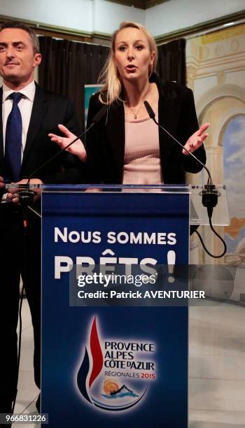 Marion Maréchal-Le Pen, candidate en Provence-Alpes-Côte d'Azur pour le Front National lors des résultats des élections régionales du second tour...