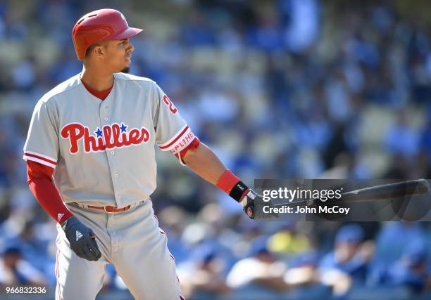 Aaron Altherr of the Philadelphia Phillies at bat against the Los Angeles Dodgers in the first inning at Dodger Stadium on May 31, 2018 in Los...