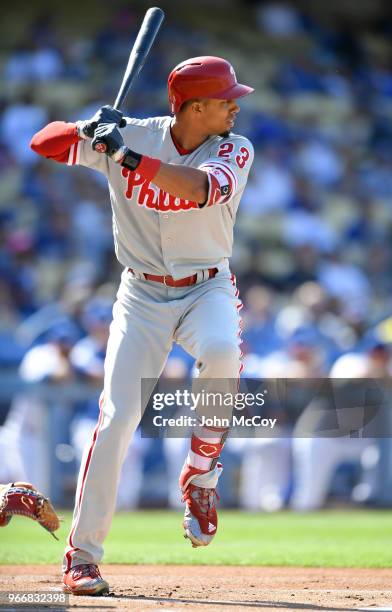 Aaron Altherr of the Philadelphia Phillies at bat against the Los Angeles Dodgers in the first inning at Dodger Stadium on May 31, 2018 in Los...