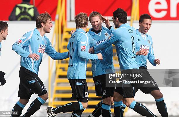 Sandro Kaiser, Stefan Aigner, Sascha Roesler, Mathieu Beda and Jose Holebas of Muenchen celebrate the first goal during the 2nd Bundesliga match...