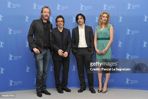 Actors Rhys Ifans, Ben Stiller, director Noah Baumbach and actress Greta Gerwig attend the 'Greenberg' Photocall during day four of the 60th Berlin...