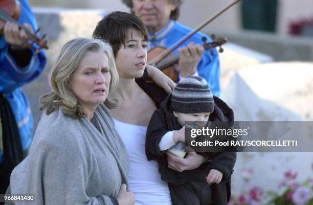 Marie-Christine Barrault and Vanessa Vadim with her son Malcolm McDuffy attend the funeral of Roger Vadim.